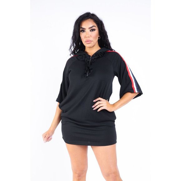 Women's Casual Front-Zip Ruffle Detailed Hoodie Dress Size S,M,L Black Fuchsia - Picture 9 of 9